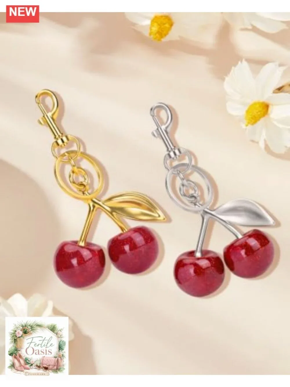 2 Pack Cherry Bag Charm Keychain, Resin & Metal Purse Accessory for Women